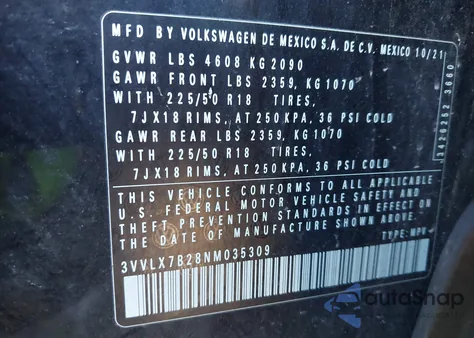 2022 Volkswagen Taos 1.5T Se from USA, damaged, VIN 3VVLX7B28NM035309